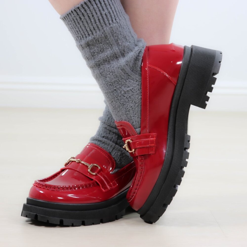 Red Patent Horsebit Loafers Chunky Platform Lug Sole Slip-Ons Grunge 90s Vibes - Picture 12 of 16
